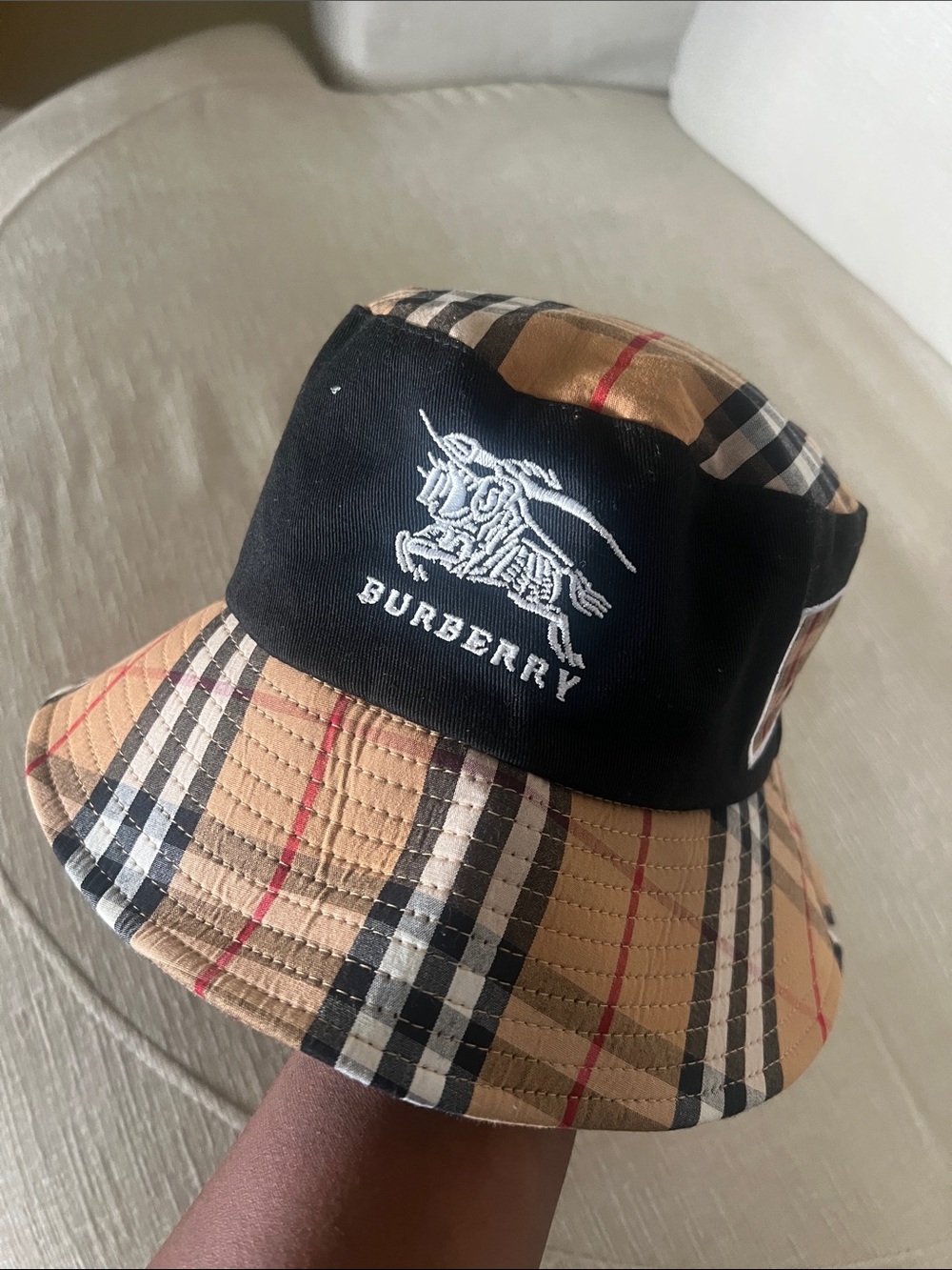 Burberry Black & Beige Check Embroidered Logo Bucket Hat